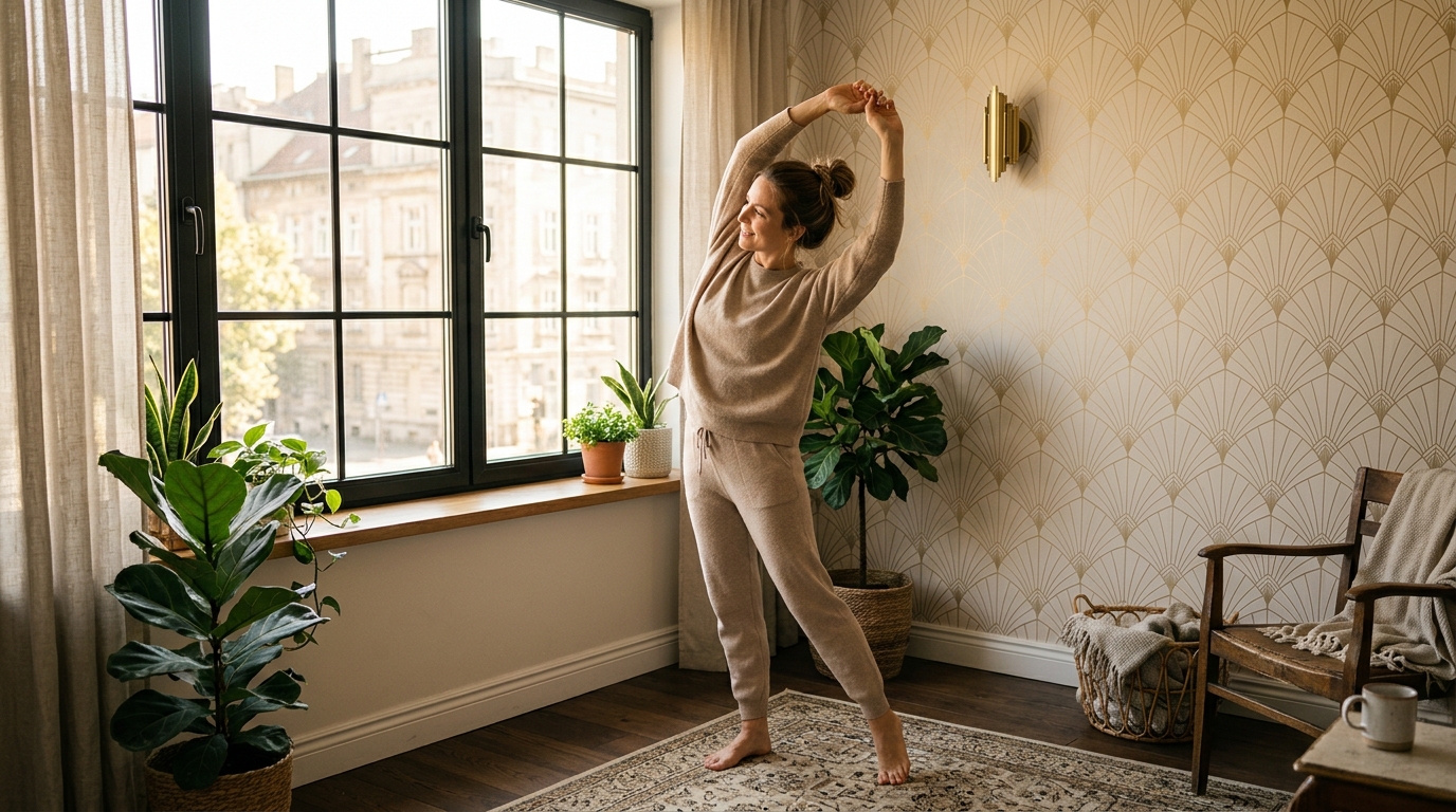 Person in eleganter Loungewear macht morgens eine sanfte Dehnübung am Fenster